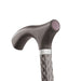 Brown walking cane with silver band and decorative pattern on a white background