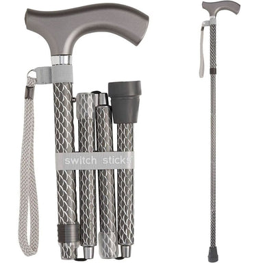 Collapsible walking cane with patterned handle and shaft on a white background