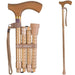 Collapsible walking stick with wooden handle and braided design, shown both folded and extended on a white background.