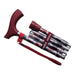 Collapsible walking stick with red handle and grip on a white background