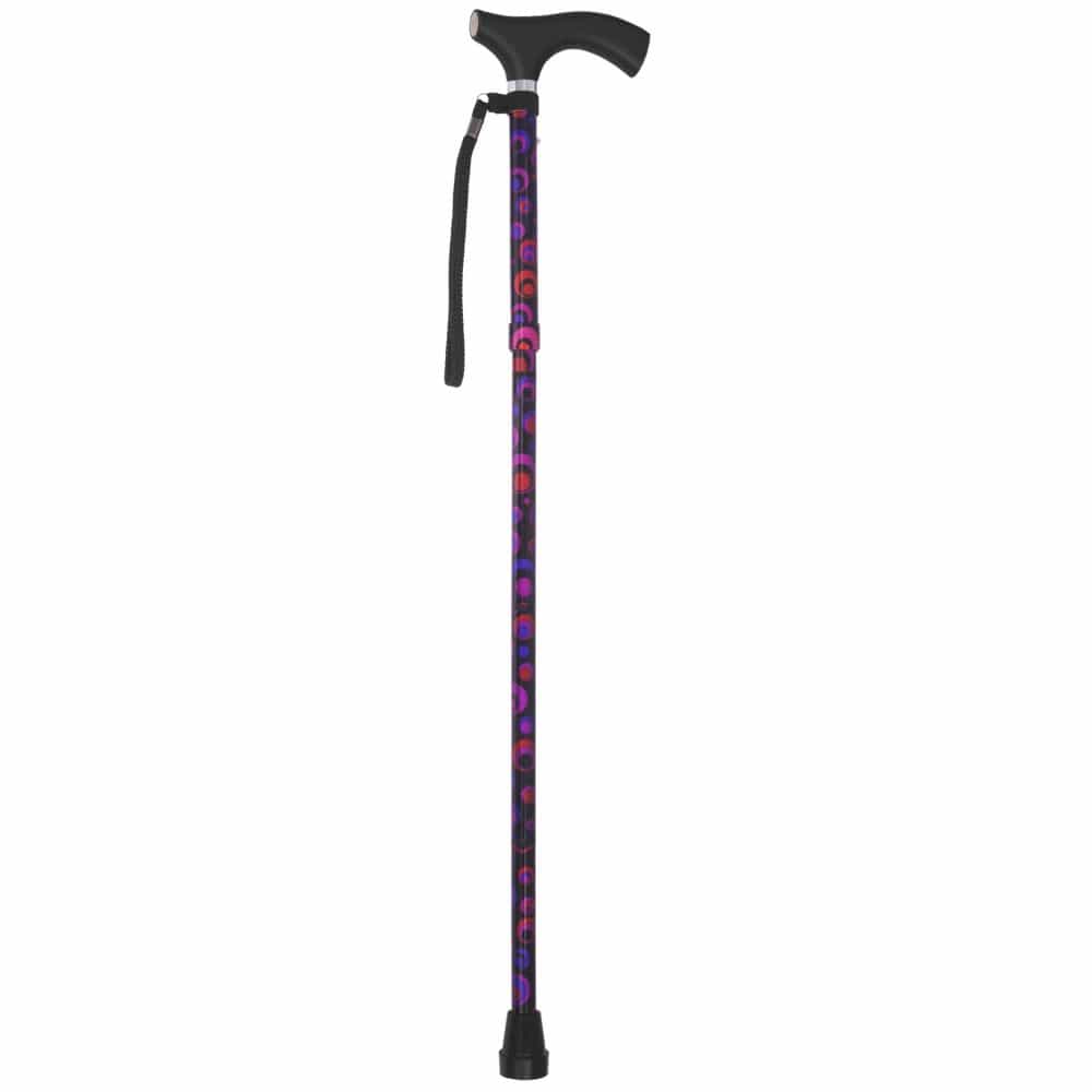 Black walking cane with colorful pattern on a white background