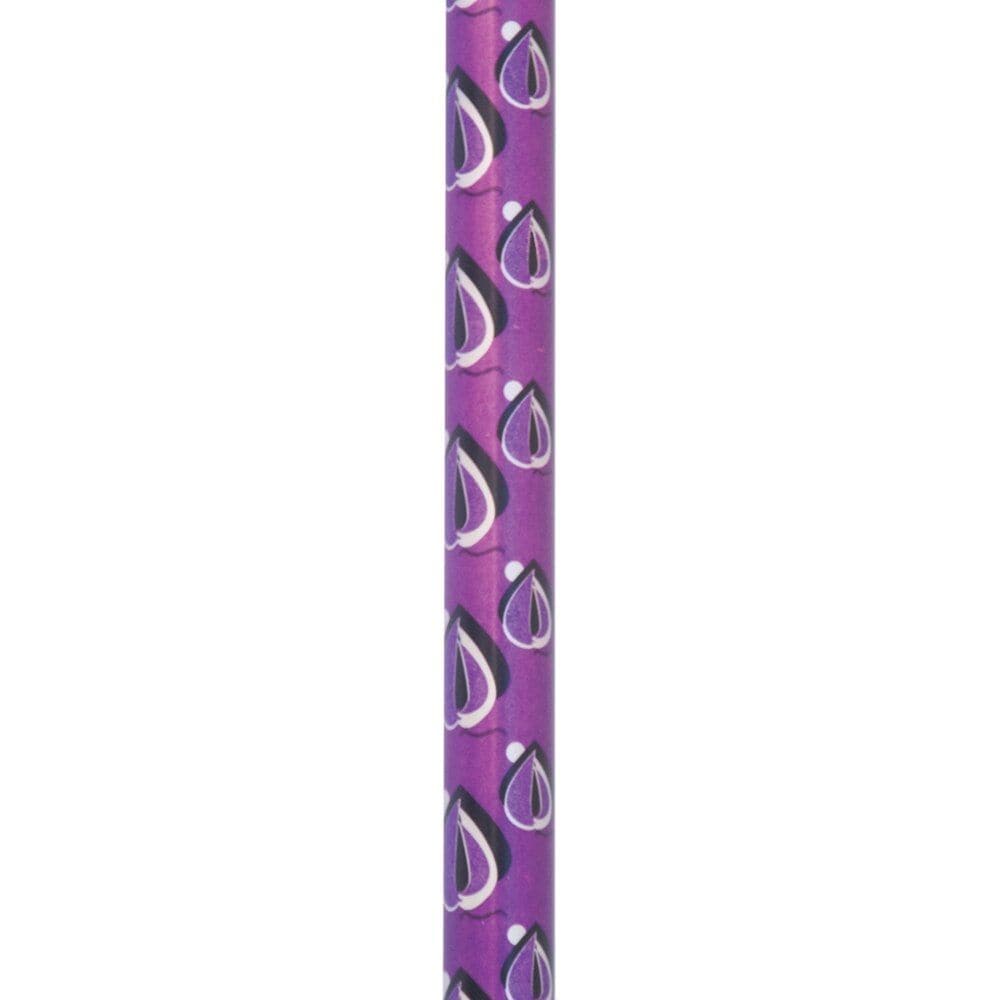 Purple pencil with black and white teardrop pattern on a white background
