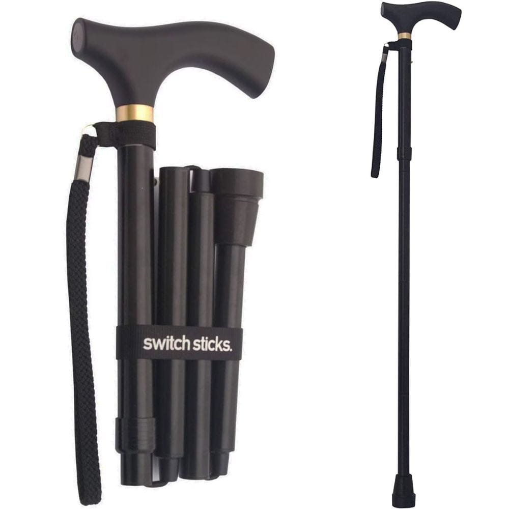 Collapsible walking cane with adjustable height on a white background, branded 'switch sticks'.