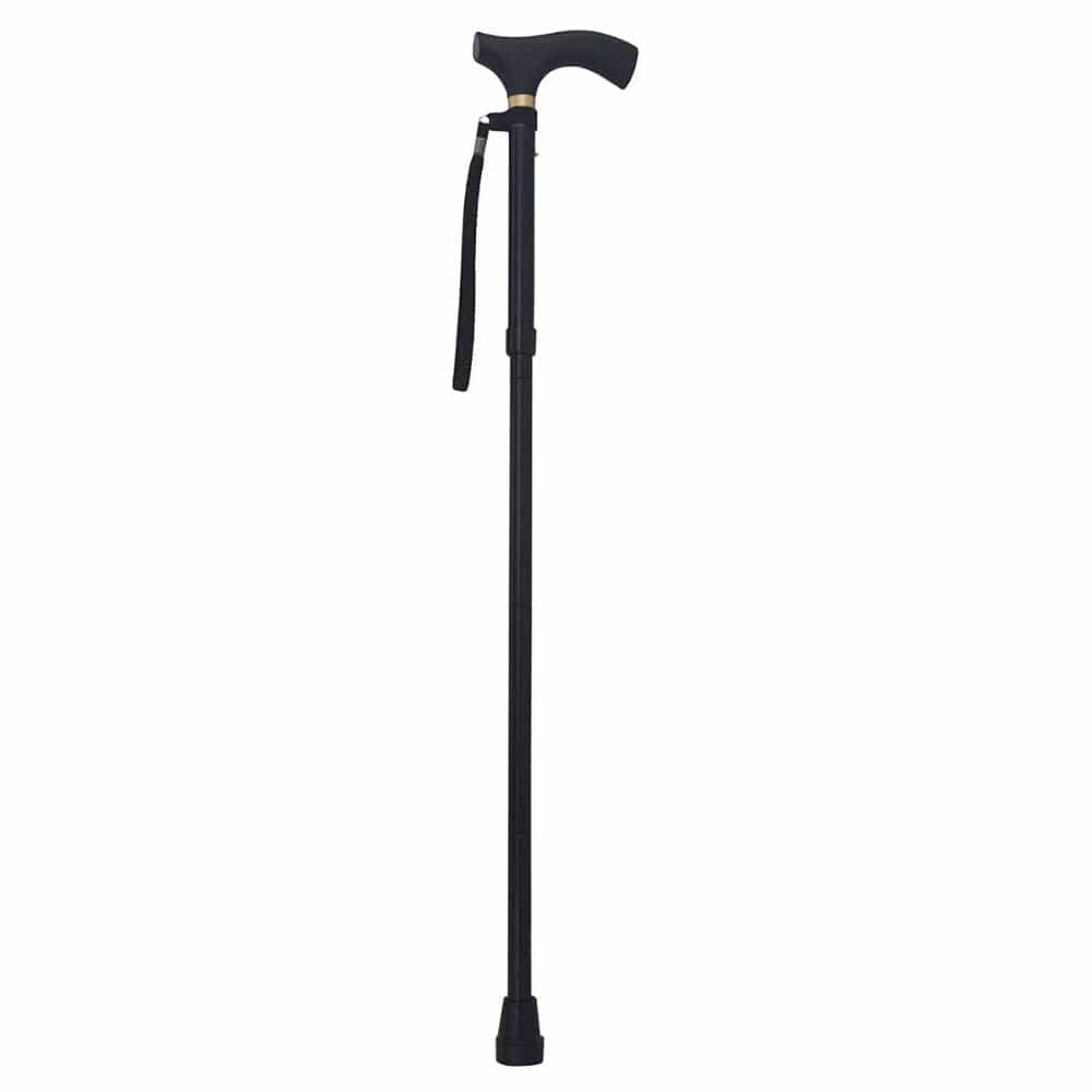 Black adjustable walking cane on a white background