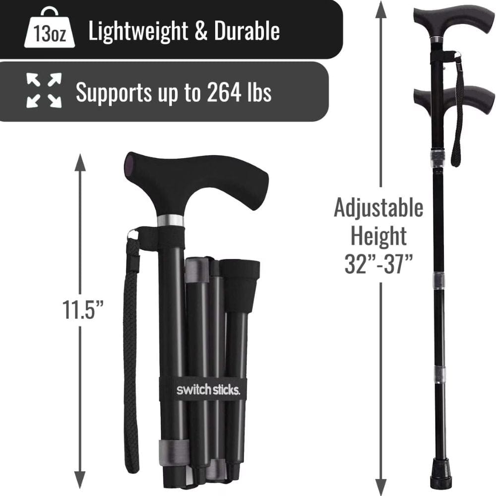 Black adjustable walking cane with features highlighted on a white background