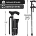 Black adjustable walking cane with features highlighted on a white background