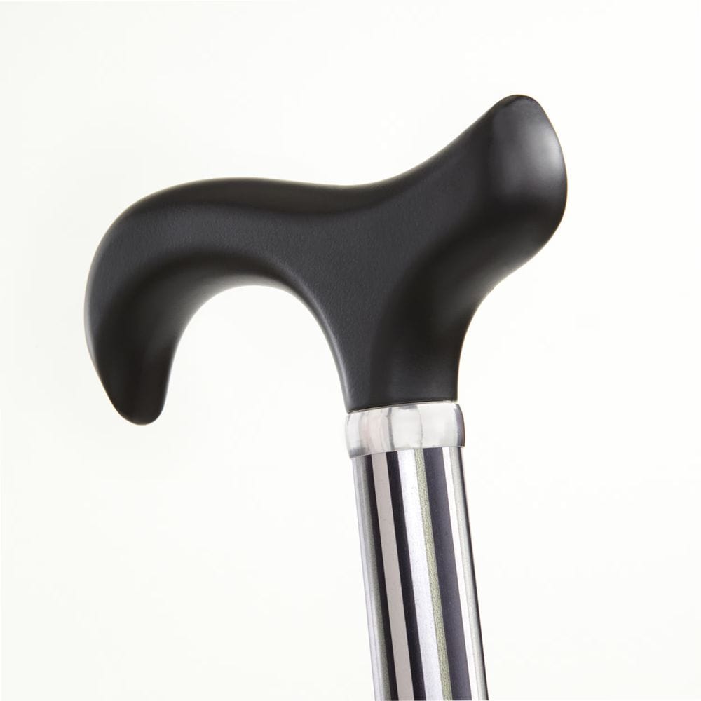 Close-up of a black walking cane handle on a white background