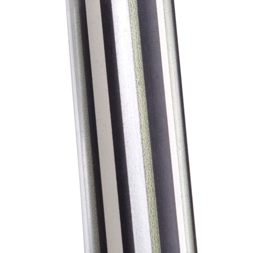 Close-up of a metal rod with alternating black and white stripes on a white background