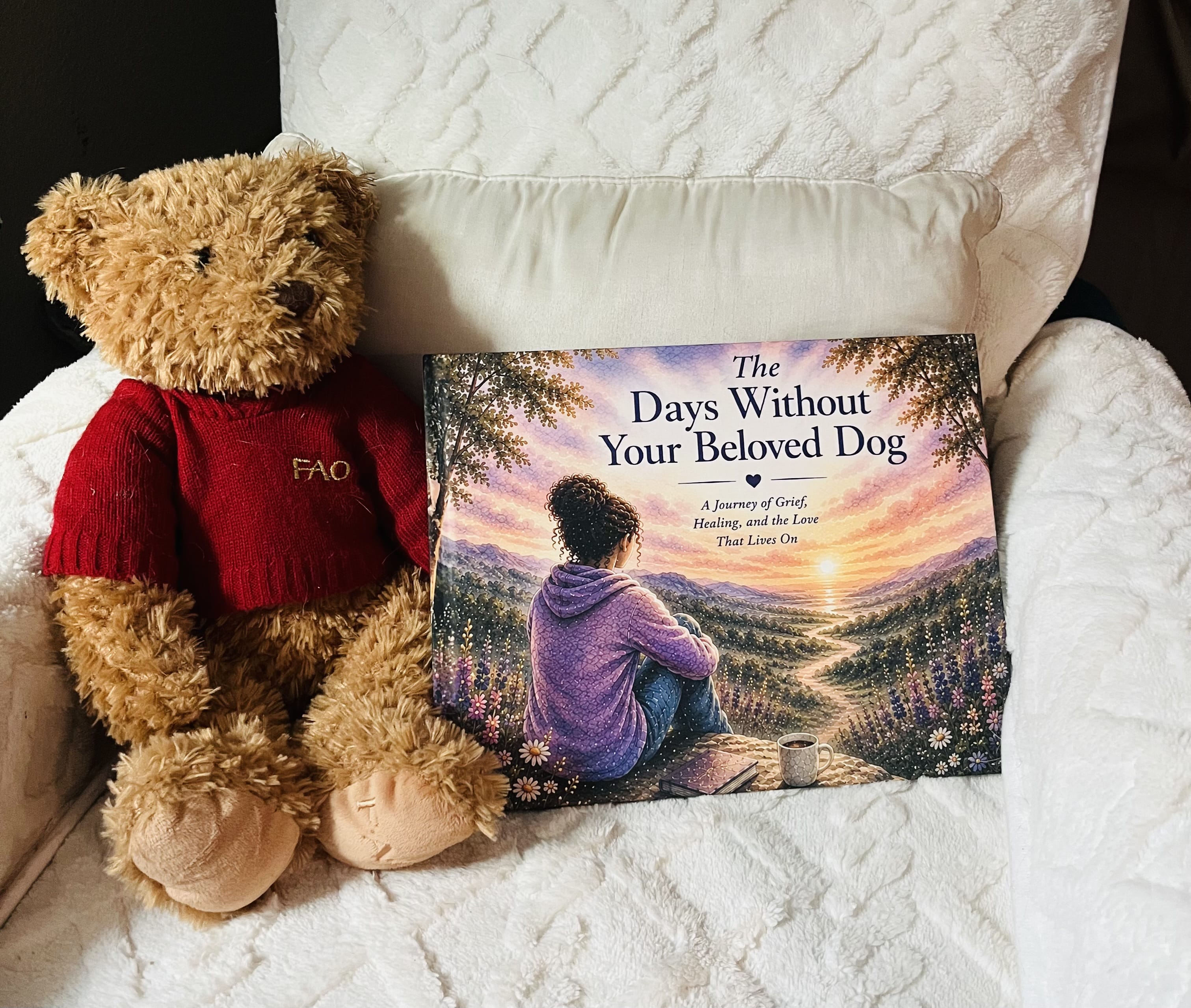 The Days Without Your Beloved Dog hardcover book displayed on a white chair beside a teddy bear