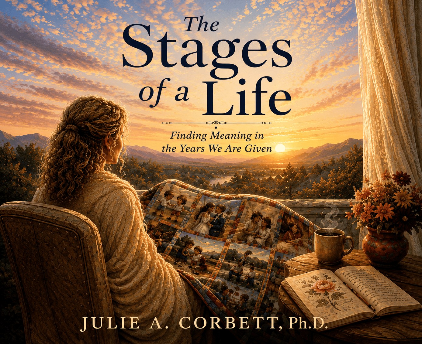 The Stages of a Life illustrated hardcover book by Julie A. Corbett displayed on a white chair