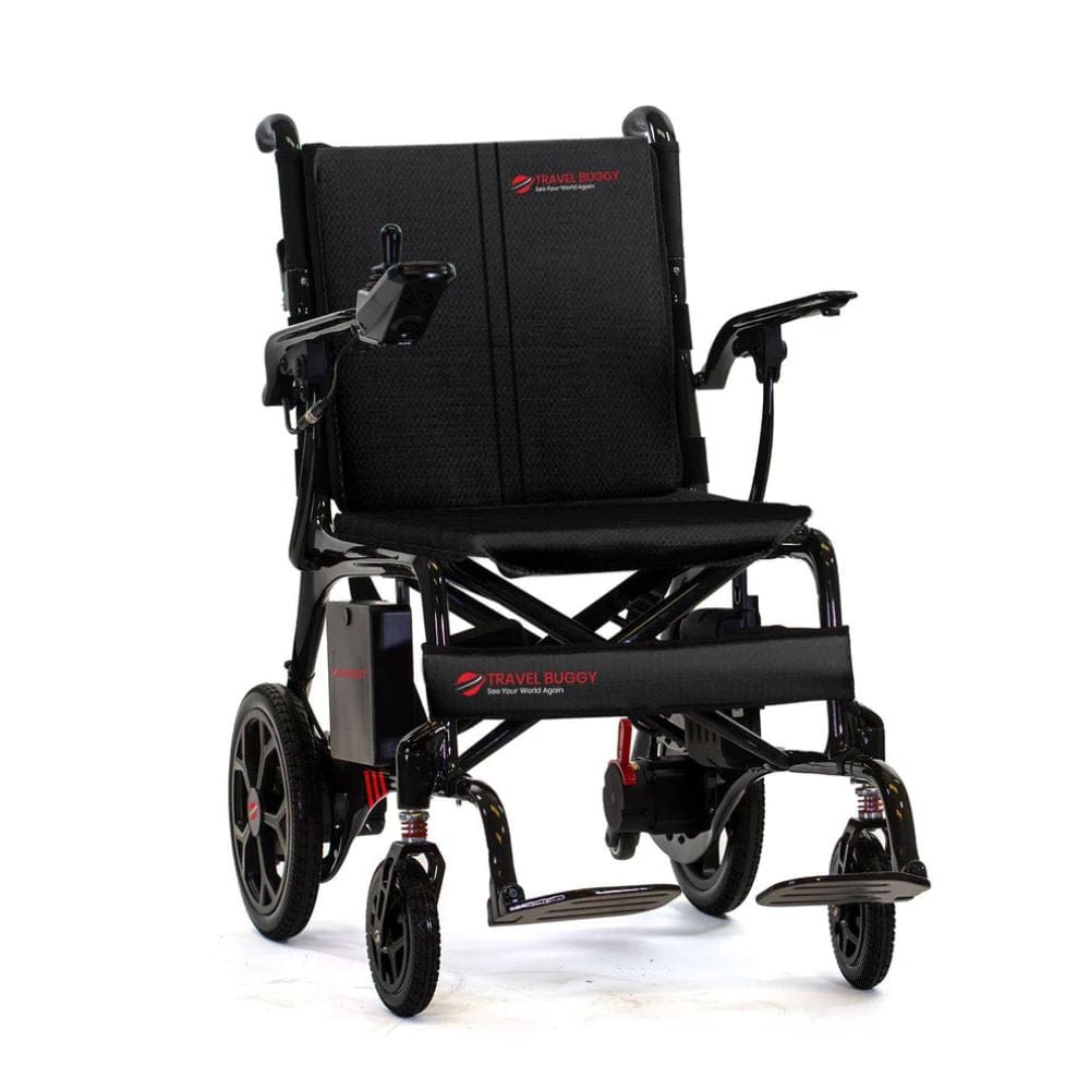 Black electric wheelchair with visible branding on a white background