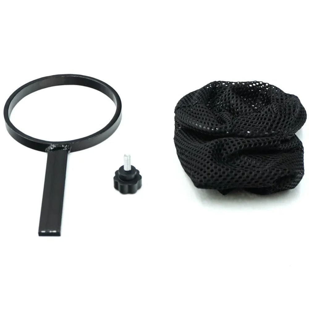 Black magnifying glass, black mesh bag, and black cap on a white background