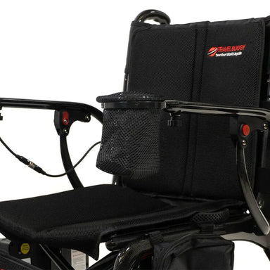 Black wheelchair with storage bags on a white background