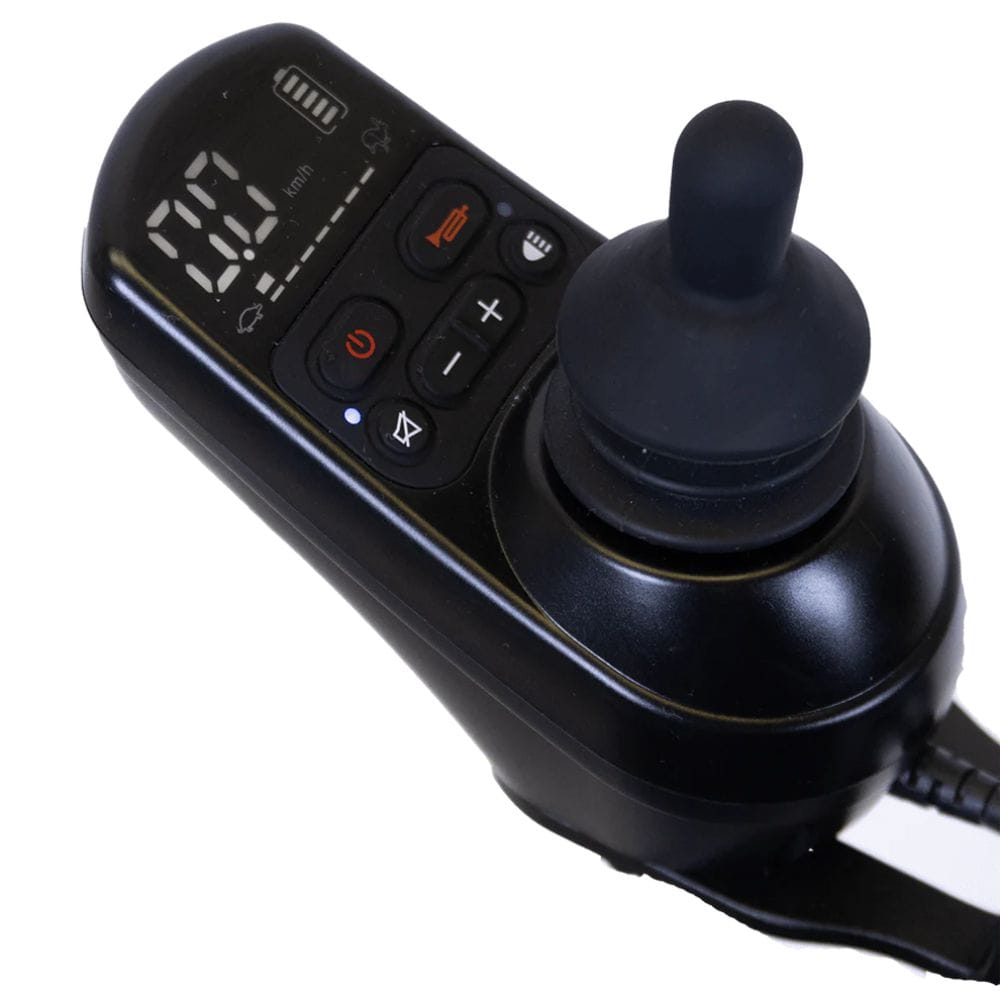 Black remote control with digital display on a white background