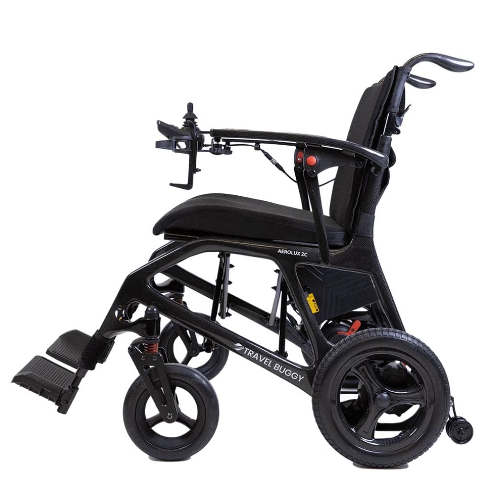 Black travel wheelchair with 'Travel Buggy' branding on a white background