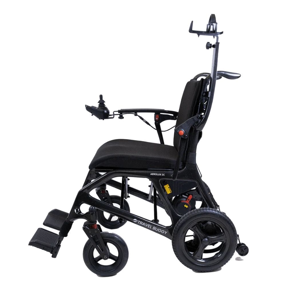 Black electric wheelchair on a white background