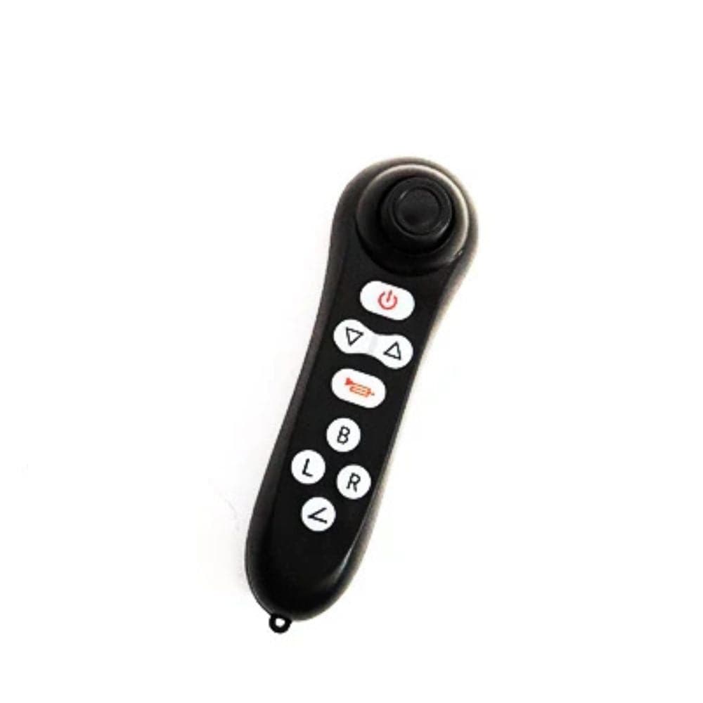 Black remote control with buttons on a white background