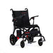 Black electric wheelchair with visible branding on a white background