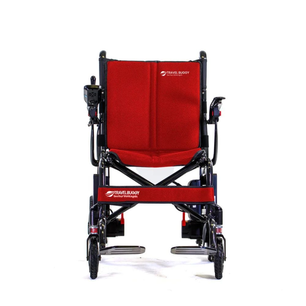 Red and black travel wheelchair on a white background