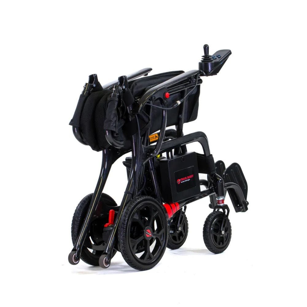 Black and red electric wheelchair on a white background