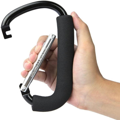 Hand holding a black carabiner with a metal clip on a white background
