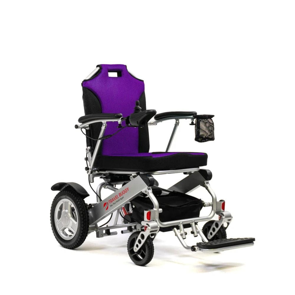 Purple and black electric wheelchair on a white background