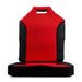 Red and black seat cushion with handle on a white background