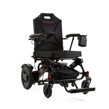 Black electric wheelchair with visible brand logo on a white background