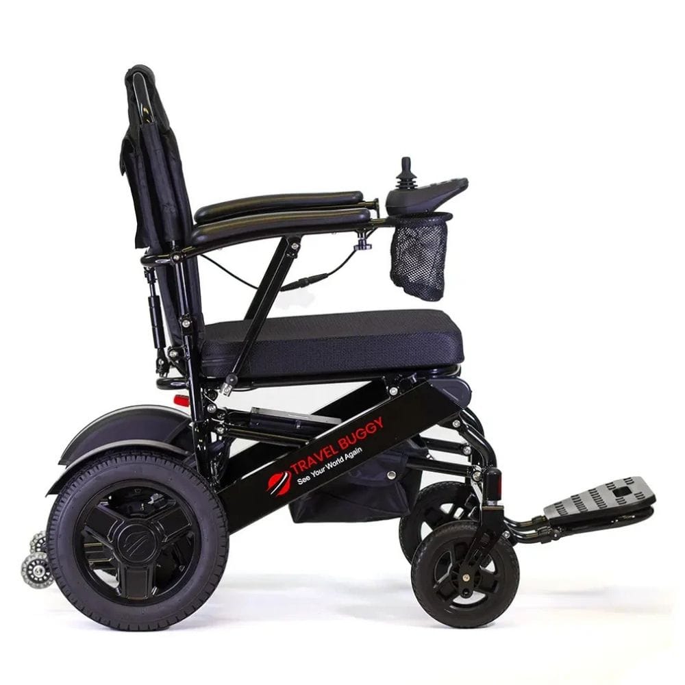 Black electric wheelchair with 'Travel Buggy' branding on a white background