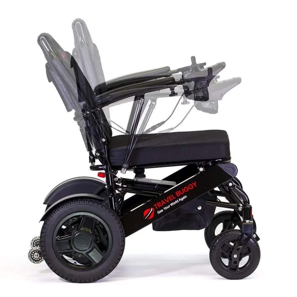 Black travel buggy with reclined seat on a white background
