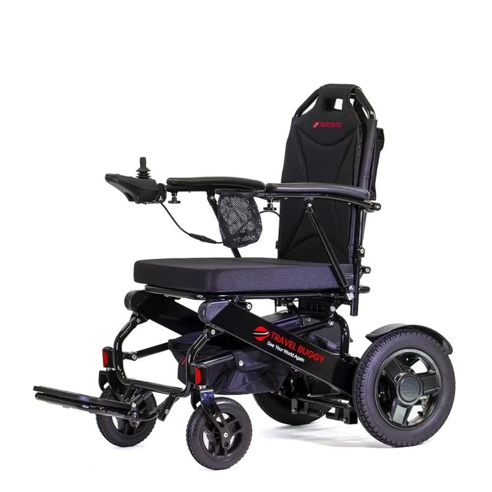 Black travel wheelchair with visible branding on a white background