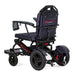 Black electric wheelchair with visible branding on a white background