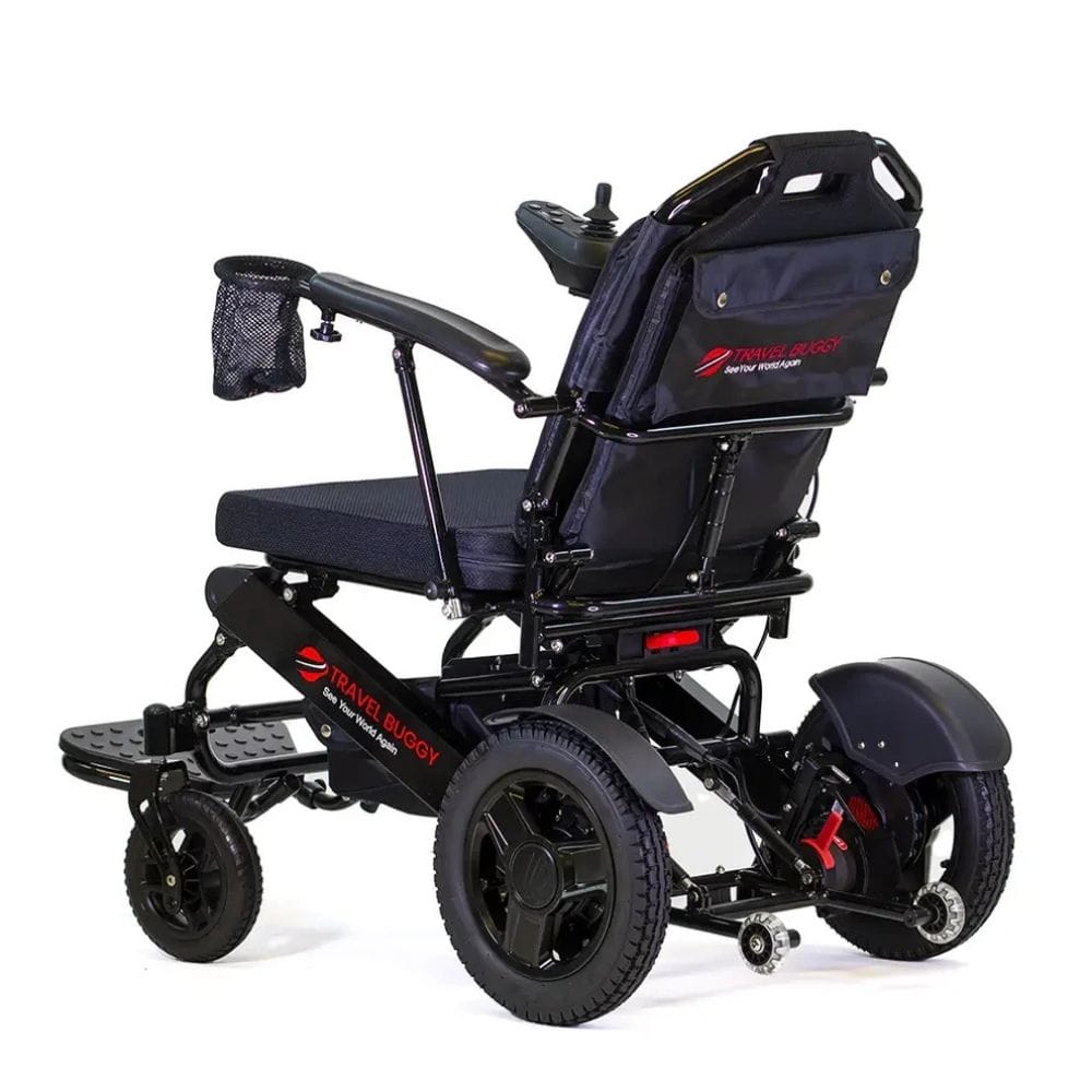 Black electric wheelchair with visible branding on a white background