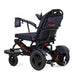 Black electric wheelchair with visible branding on a white background