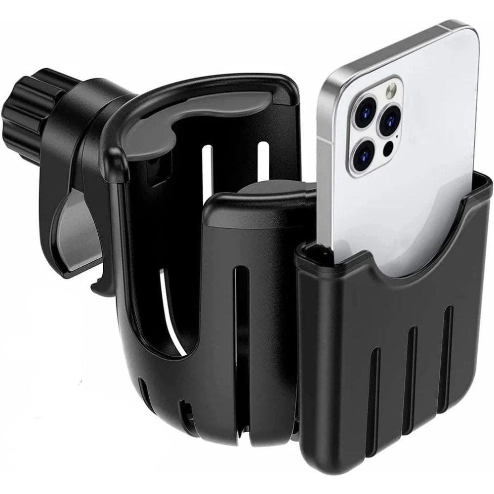 Black car cup holder with a smartphone inside on a white background