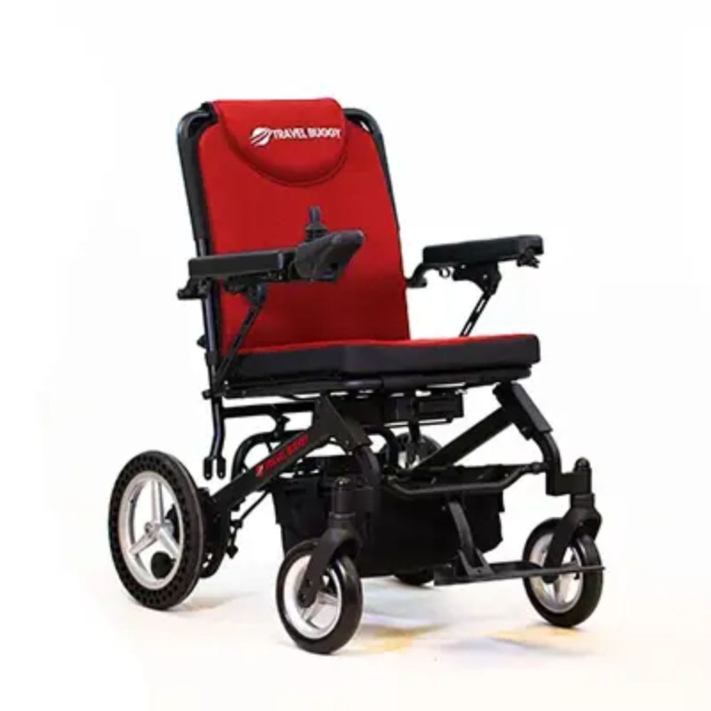 Red and black electric wheelchair on a white background