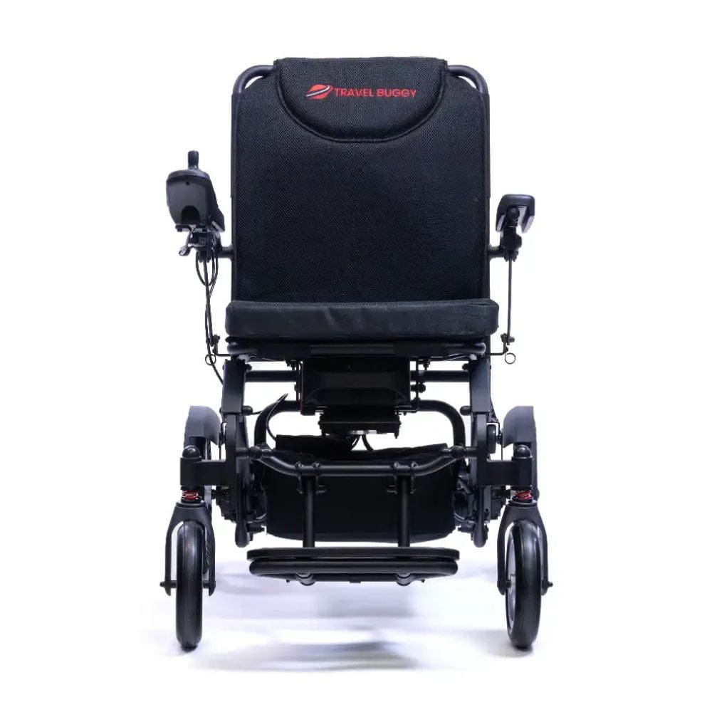Black electric wheelchair with 'TravelBuddy' branding on a white background