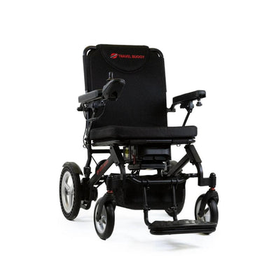 Black electric wheelchair with 'Travel Buddy' branding on a white background