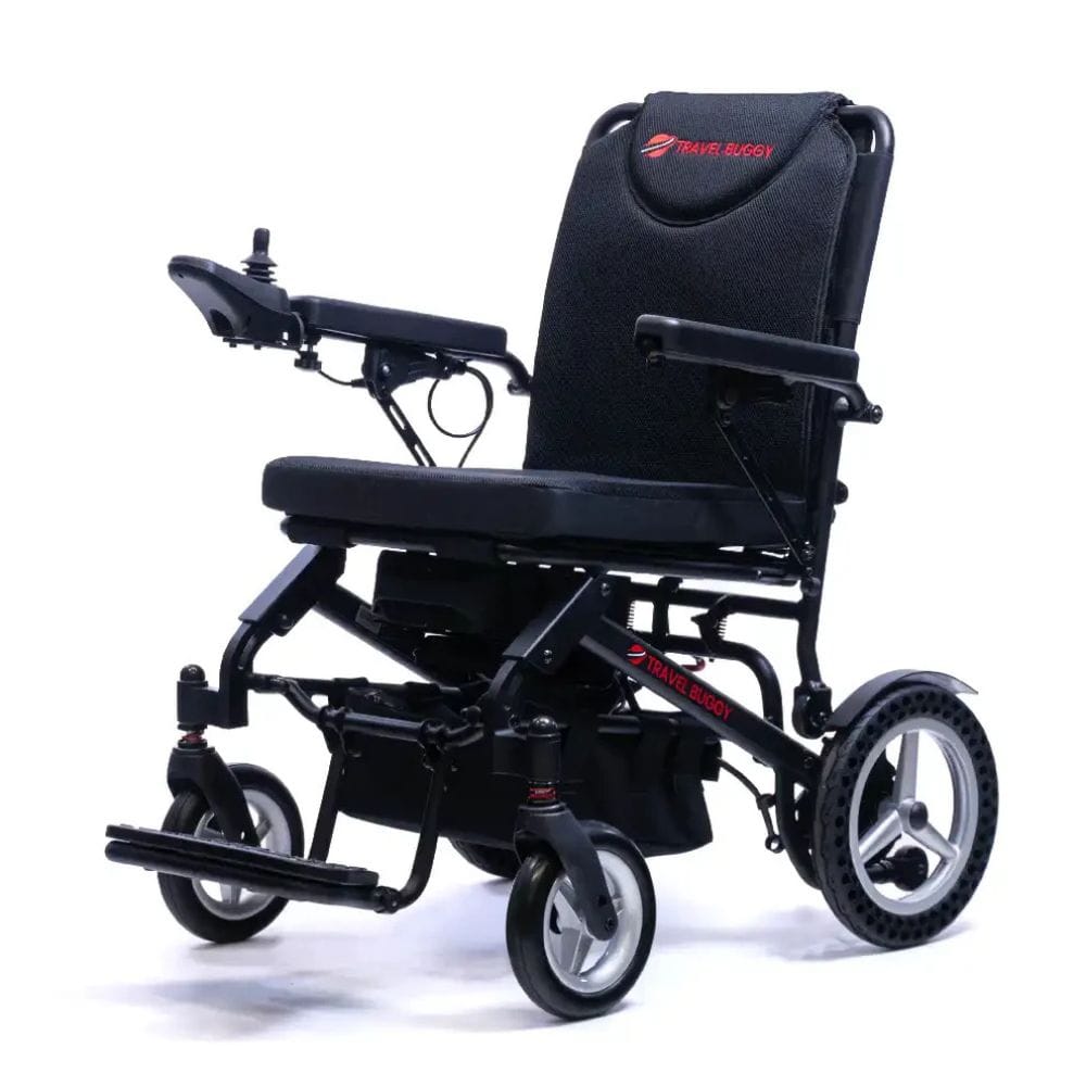 Black electric wheelchair with visible branding on a white background