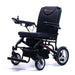 Black electric wheelchair with visible branding on a white background