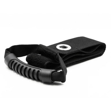 Black resistance band with handle on a white background