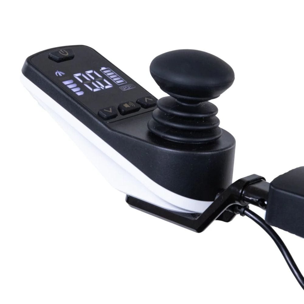 Black joystick controller with digital display on a white background