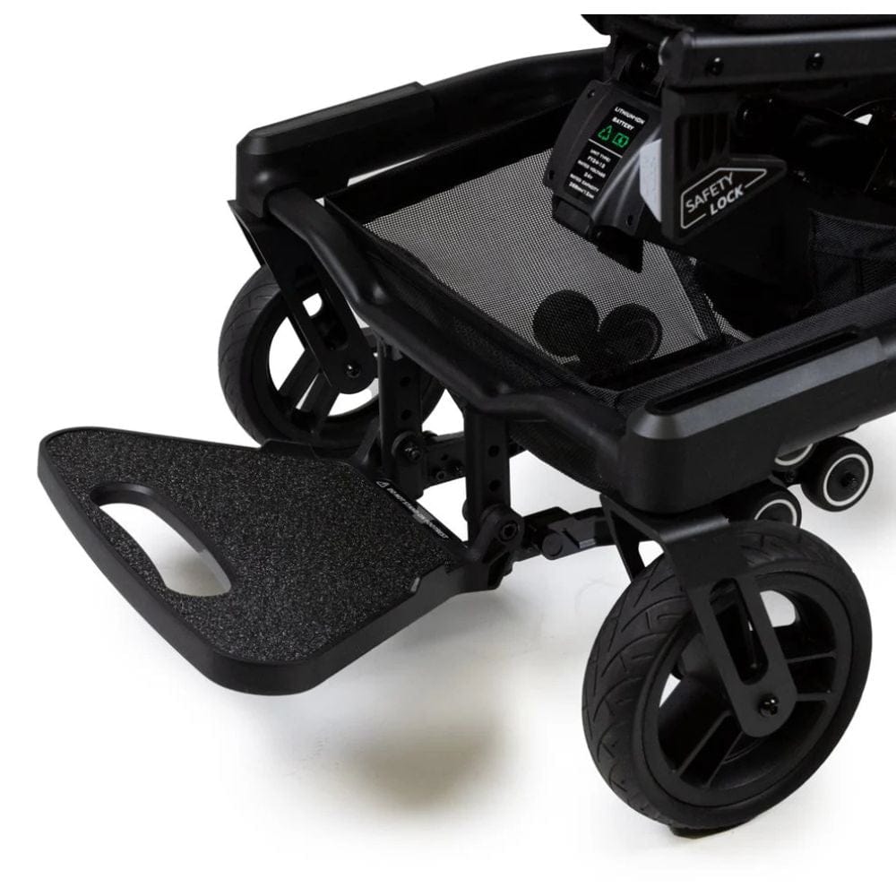 Close-up of a black stroller with safety lock mechanism on a white background