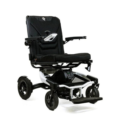 Black electric wheelchair with visible brand logo on a white background