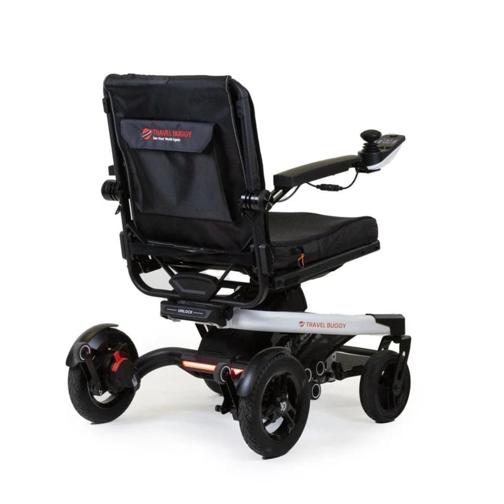Black and silver electric wheelchair on a white background