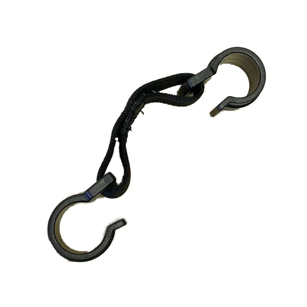 Black carabiner with a rope on a white background