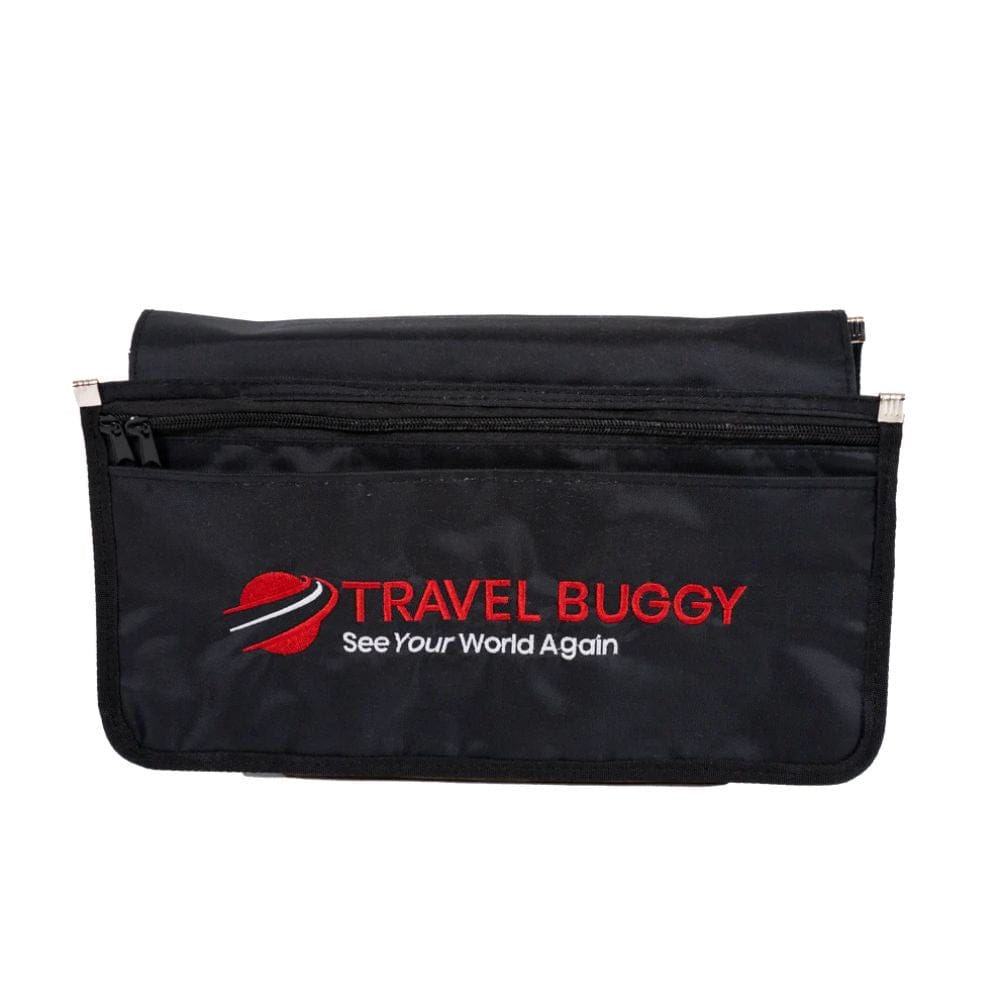 Black pouch with 'Travel Buggy' logo on a white background