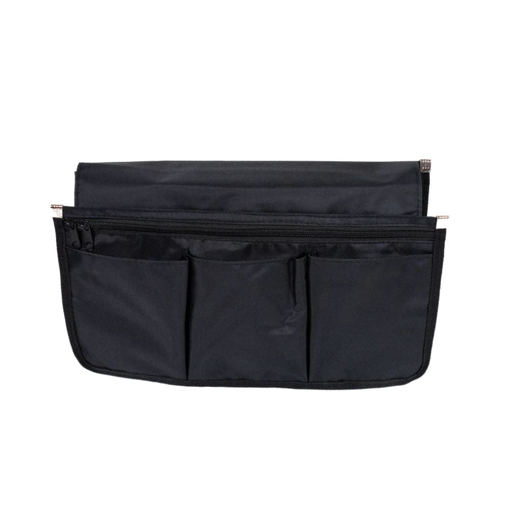 Black bag organizer with multiple pockets on a white background