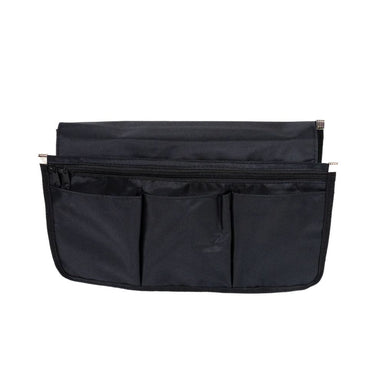 Black bag organizer with multiple pockets on a white background