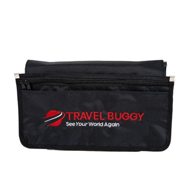 Black pouch with 'Travel Buggy' logo on a white background